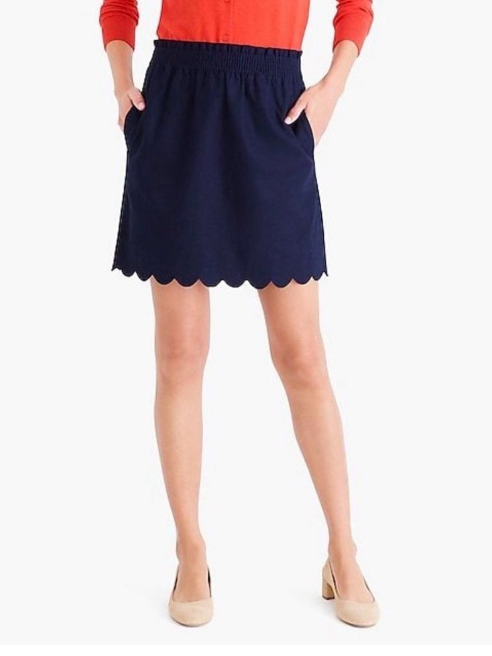 J by J Crew Navy Scallop Hem Linen Blend Elastic Waist Pull On Skirt Size S
